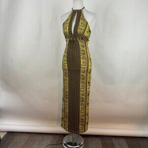 Curtsey Summer Halter Neck Maxi Dress XS Brown Yellow Green White